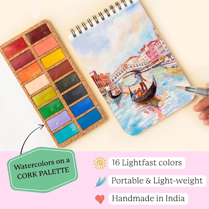 Viviva Colors Travel Watercolor Paint Set - Spring 16 Watercolor Paints for Adults, Beginners, Artists, Hobbyists - Lightfast, Vibrant, Handmade & Portable Watercolor Kit with Mixing Palette