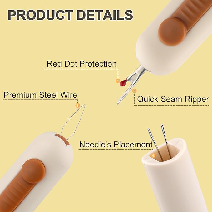 Automatic Needle Threaders Seam Ripper, Upgraded 3 in 1 Sewing Needle Threader Tool, Stretchable Quick Seam Rippers with Needle Storage for Hand Quilling, Embroidery Stitch Removal(Yellow)