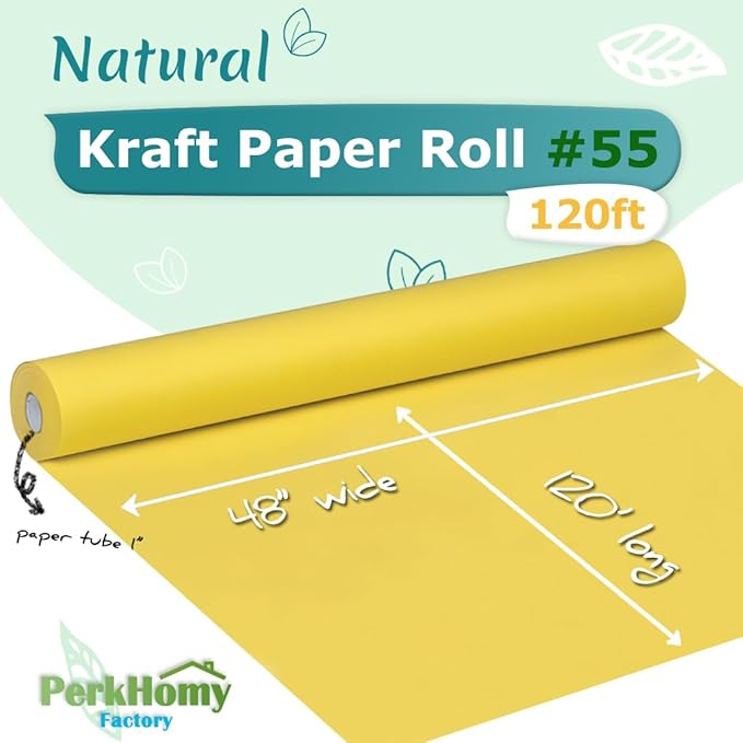 PerkHomy 48" x 1,440" (120') Lemon Yellow Kraft Paper Roll for Craft Bulletin Board Paper Art Table Covering Crafting Gift Wrapping Bouquet Packing Parcel 80GSM 55LB (Lemon Yellow, 48" x 120')