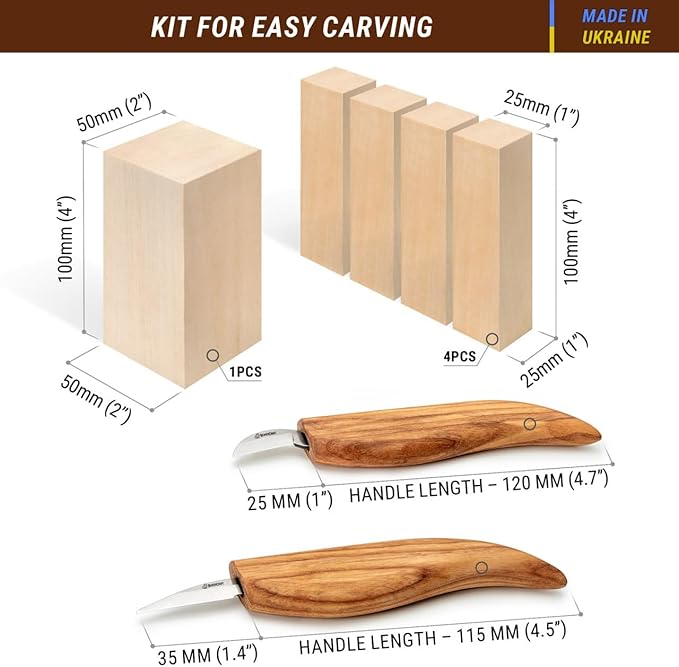 BeaverCraft Wood Carving Kit for Beginners S16 – Whittling Knives Sloyd, Chip Wood Carving Knife, Basswood Blocks for Carvers - Whittling Tools Set