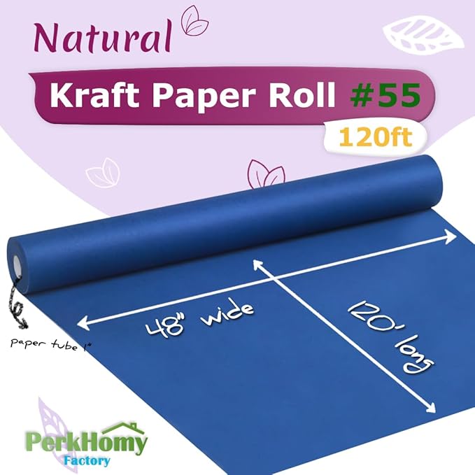 PerkHomy 48" x 1,440" (120') Blue Kraft Paper Roll for Craft Bulletin Board Paper Art Table Covering Crafting Gift Wrapping Bouquet Packing Parcel 80GSM 55LB (Blue, 48" x 120')