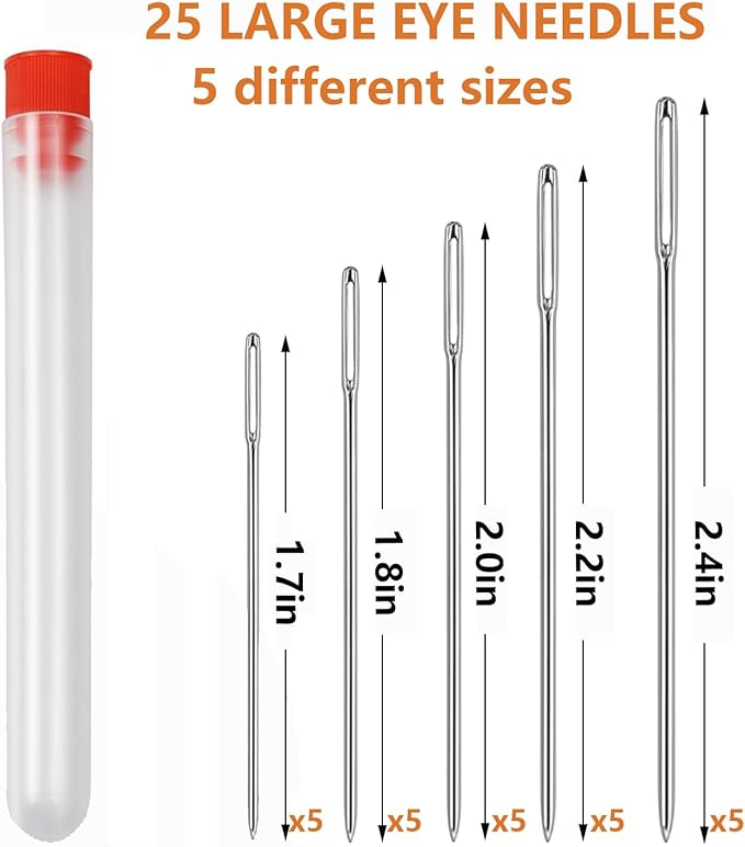HABOQUAN 25PCS Large Eye Sewing Needles Set - 5 Assorted Sizes, with 2 Threaders & Thimble Tool - Premium Galvanized Steel for Hand Sewing, Embroidery, Crafts & Mending