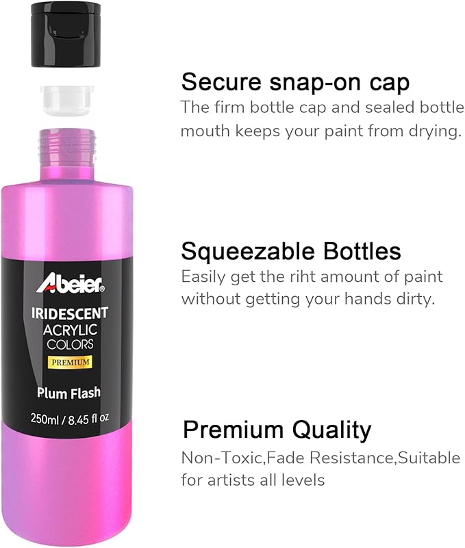 ABEIER Iridescent Acrylic Paint, Set of 20 Chameleon Colors, 8.45 oz/250ml Bottles, Color-shifting, Non-Toxic, High Viscosity, Blendable, Paints on Rocks Crafts Canvas Wood, Fabric, Ceramic & Stone