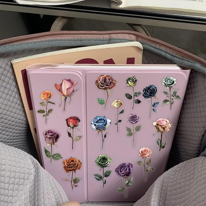 50PCS Vintage Dried Rose Stickers – Clear Waterproof Flower Botanical Scrapbook Stickers for Journaling, Crafting, Aesthetic Floral Decals for Laptops, Notebooks, Cards, Gifts