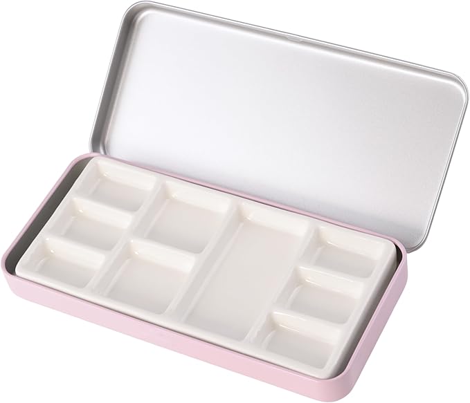 Travel Watercolor Palette, Portable Ceramic Palette 9 Well, Watercolor Palette with Lid, Empty Wet Palette Metal Paint Box with Porcelain Palettes(Pink Box)