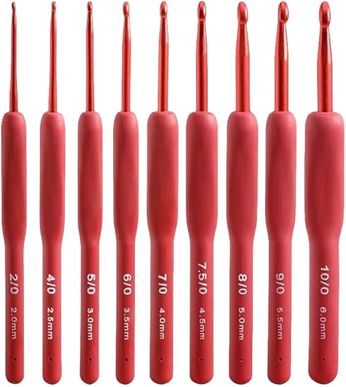 Crafts by KFRod - Ergonomic Crochet Hooks Set, Crochet Kit for Beginners, Ergonomic Anti Slippery Rubber Handle Knitting Needles (Set of 9 - Red)