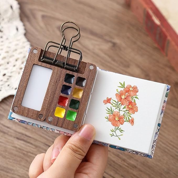 Mini Watercolor Paint Set, Travel Paint kit, Pocket Watercolor Set with 12 Color, Wooden Grid Paint Box, Sketchbook, 6 Brush, Portable Paint Palette for Beginners, Artists Enthusiasts(Wooden-S)