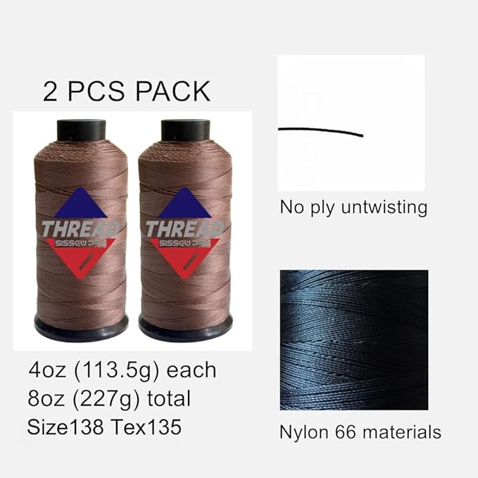 Sissewpro Bonded Nylon Thread 138 Upholstery Thread Heavy Duty for Sewing Machine Strong Black Threads for Leather Crafts Furniture Cusion,Boats Car Cover Seats,Canvas,Tex135, 4oz 750yds (2, Brown)