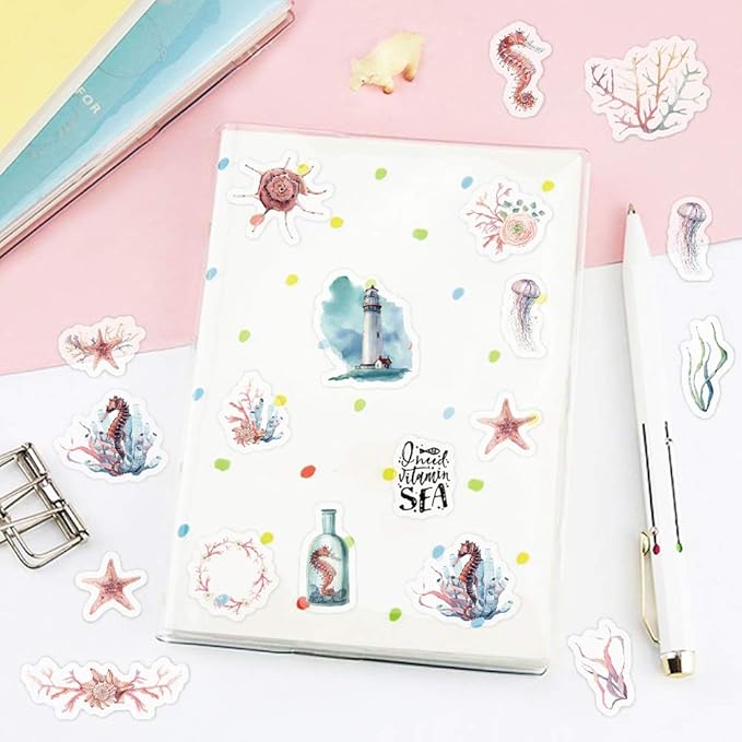 Yoksas 320 Pcs Watercolor Washi Stickers - Forest Nature, Ocean Animals, Sea Beach Aesthetic Stickers for Scrapbooking, Planners, Calendars, Bullet Journal