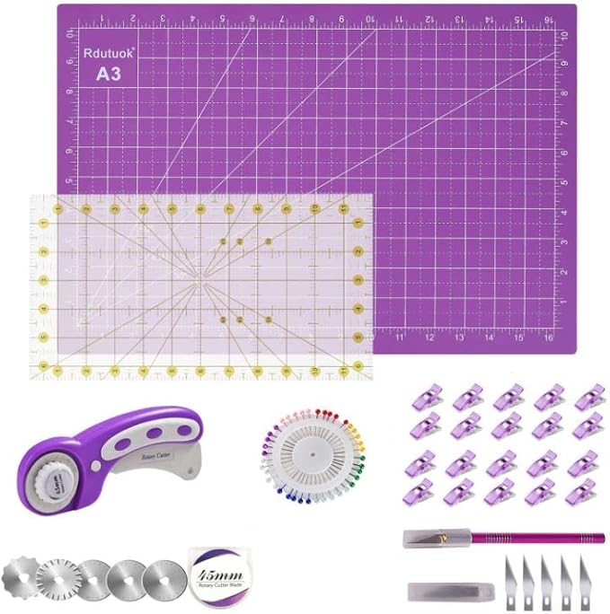 Rdutuok Rotary Cutter Set 45mm Fabric Cutter Set Quilting Kit, 5 Replacement Blades, A3 Cutting Mat(18X12"), Acrylic Ruler,Sewing Pins,Craft Knife and Craft Clips for Sewing and Crafting (Purple)