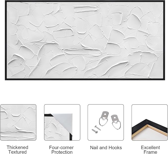 Large Hand-Painted Oil Painting on Canvas Black Frame White Textured Wall Art Abstract Minimalist 3d Artwork Neutral Wall Picture Home Decor for Living Room Bedroom Office Ready to Hang 60x30inch