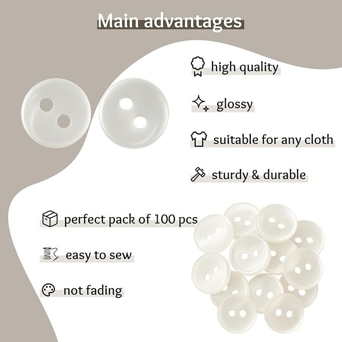 100 Pcs White Sewing Buttons 0.35 inch Pearl Buttons for Shirt 2 Hole 14L Plastic Round 9mm Ideal for Sewing Dress Skirt Blouse School Outfits Aprons Pants Jackets Bags DIY Crafts