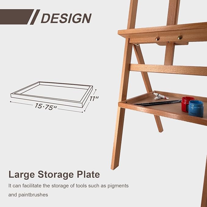 Solid Beech Wood Painting Easel with Storage Plate (60"~75" H), H-Frame Adjustable Art Wooden Easel Stand with Signature Plate for Adults, Students,Sturdy Canvas Holder up to 36''