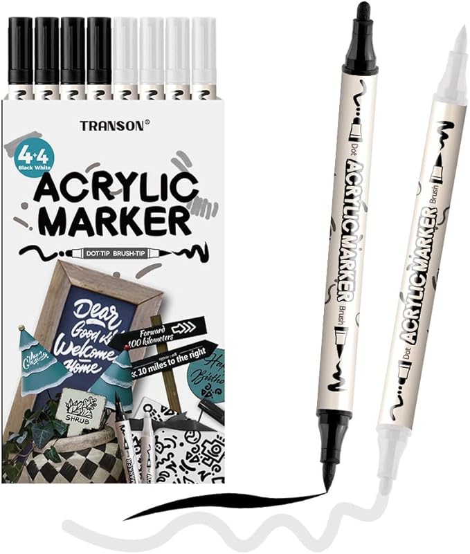 TRANSON 4 Black and 4 White Paint Markers Brush and Bold Dual-tip Acrylic Paint Marker Set for Rock Painting Glass Canvas Wood Leather Ceramic Painting