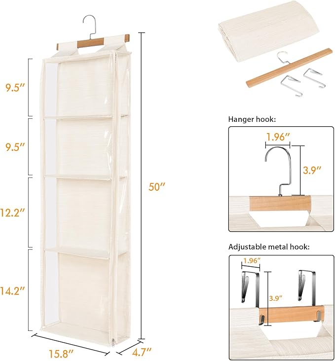 Beige Hanging Yarn Storage with 4 Large Pockets, Clear Knitting Organizer Storage with Zippers for Crochet Lovers, Hanging Yarn Holder with Over-Door Hooks for Knitting Needles Crochet Hooks
