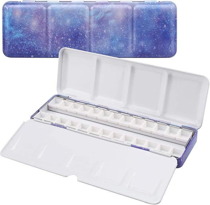LOONENG Empty Watercolor Palette, Empty Watercolor Tin with Fold Out Palette, Medium Purple Watercolor Tray Palette with 26 Empty Half Pans for Plein Air Painting and Sketching