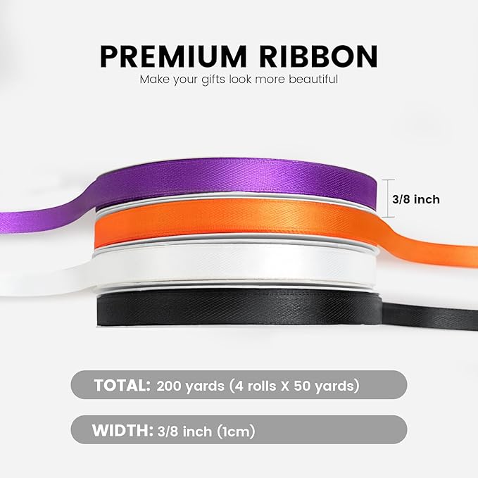 4 Rolls 200 Yards Halloween Ribbon, 3/8 Inch Polyester Satin Ribbon for Gift Wrapping, Halloween, Christmas and Birthday Party Decoration, Craft, Flower Bouquet, Sewing(Orange, Black, White, Purple)