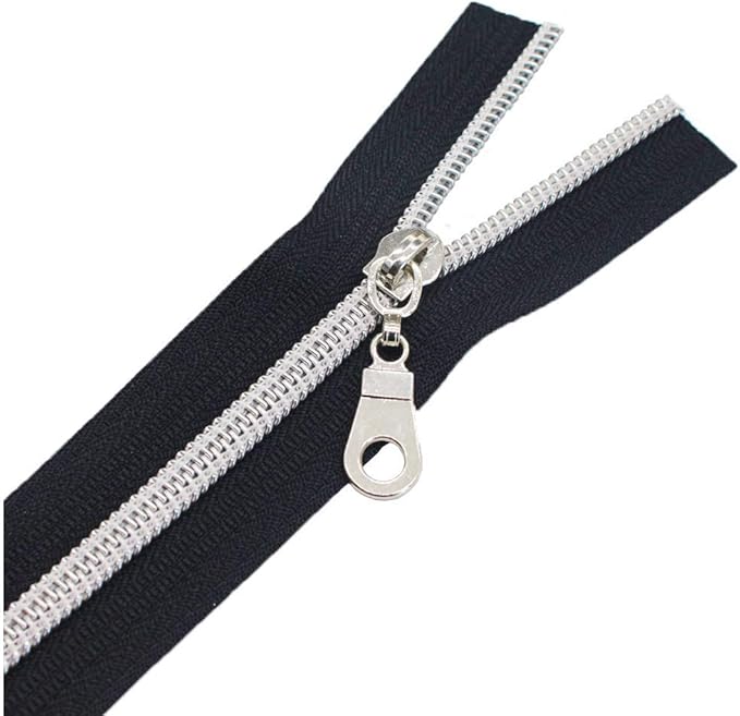 MebuZip #5 Silver Metallic Nylon Coil Zippers by The Yard Bulk Coil Zipper Roll 10 Yards with 25pcs Pulls for DIY Sewing Craft Bags (Black)