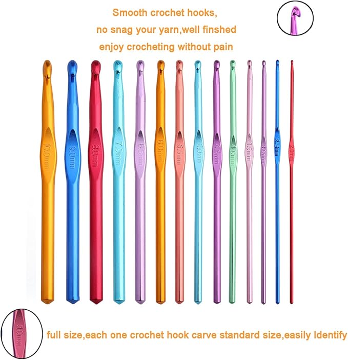 KOKNIT Crochet Hooks Set with Storage Case - 9 Soft Grip Ergonomic Crochet Needles,12 Coloured Aluminum Yarn Crocheting Crochet Hooks,Crochet Kit with Crochet Supplies and Accessories