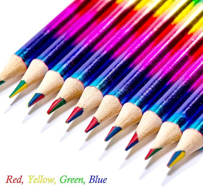 24 Pieces Rainbow Colored Pencils, 4 Color in 1 Colorful Rainbow Pencils for Kids Multi Colored Pencil with Pencil Sharpener Laser Colored Pencils Bulk for Drawing Kids Adult School Painting