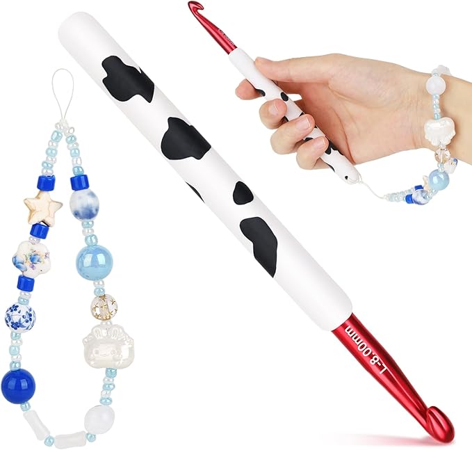 Katech Ergonomic Crochet Hook, Aluminum Soft Grip Crochet Hooks for Beginners and Arthritic Hands, Soft Clay Crochet Needle with Cow Motif and Bead Chain-Ideal Gift for Crocheter (8.0mm)
