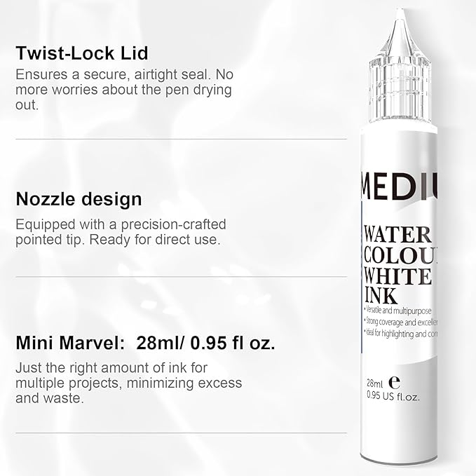 PHOENIX White Ink Pen for Watercolor - 28ml / 0.95 fl oz. White Gouache - Water Color Medium for Drawing, Calligraphy, Highlights & Illustration Watercolors Painting Supply