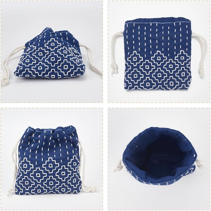 INFUNLY 3 Set Sashiko Drawstring Bag Kits Sashiko DIY Tote Bag Kit Flower Sashiko Fabric Kit for Beginners Make Your Own Tote Bag with Thread Needles Hand Sewing Set for Adults