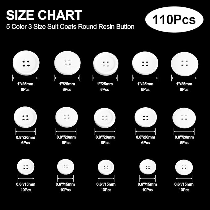 110Pcs White Mixed Sewing Buttons, 4-Hole Craft Round Blazer Buttons, 5 Color 3 Size (15mm, 20mm, 25mm) Suit Coats Resin Button, Suitable for Variety Clothing Sewing, DIY Craft (White)