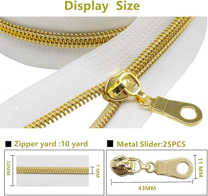 MebuZip #5 Gold Metallic Nylon Coil Zippers by The Yard Bulk Coil Zipper Roll 10 Yards with 25pcs Pulls for DIY Sewing Craft Bags (White)