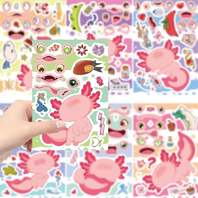 Axolotl Make a Face Stickers - 24 Sheets Mix & Match Make Your Own Salamander Stickers for Craft Projects, Scrapbooking, Laptop