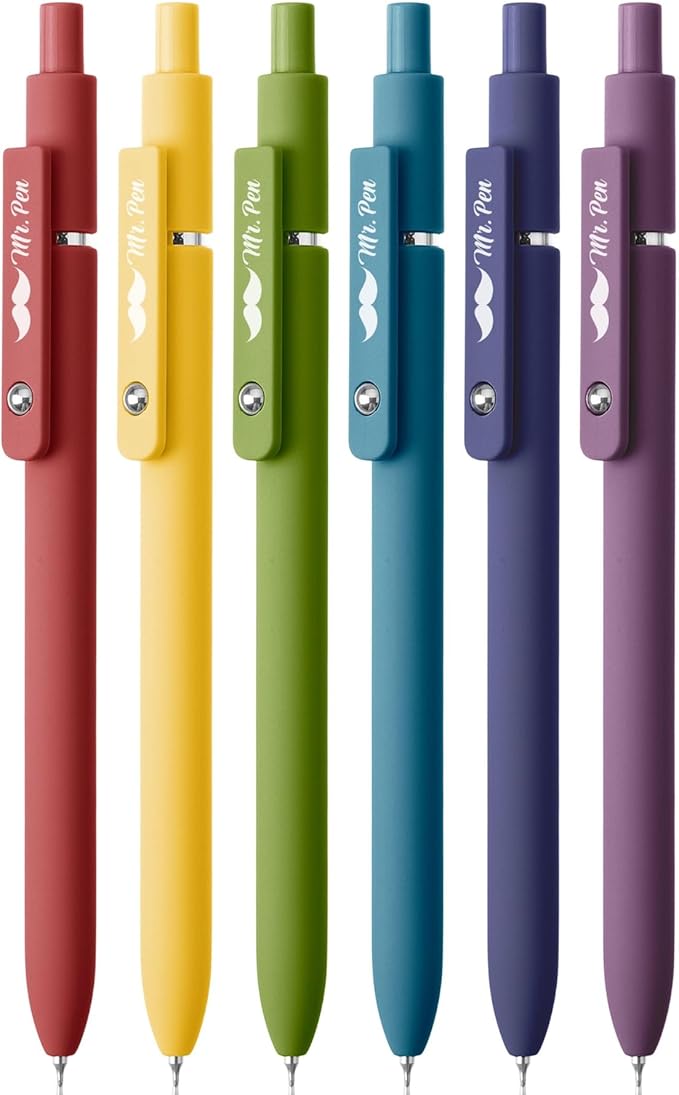 Mr. Pen- Retractable Gel Pens, 6 Pack, Vintage Color Barrels, Black Ink, Fast Dry, Fine Point 0.5mm, Cute and Aesthetic for Journaling