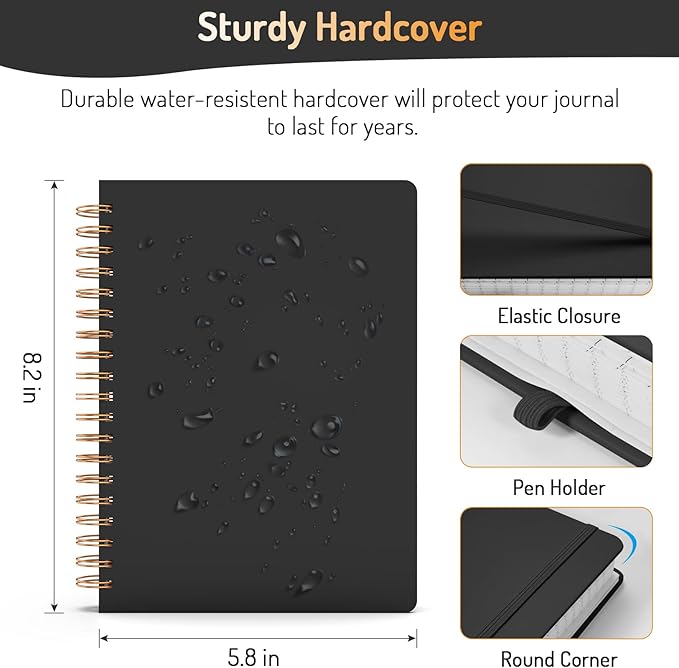 Forvencer Lined Spiral Journal Notebook with 300 Numbered Pages, A5 Thick Journals for Writing with 100GSM Paper, Hardcover Notebooks with Contents for Work, School, Women, Men, Black
