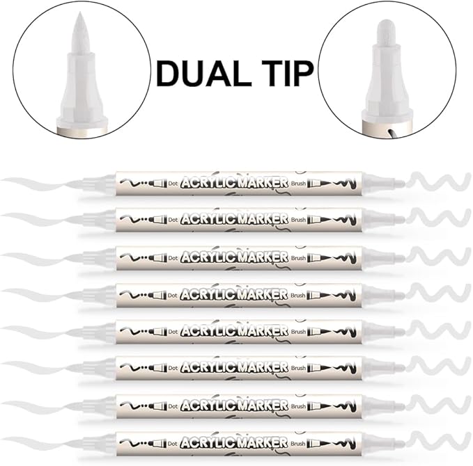 TRANSON 8 Pack White Brush and Bold Dual-tip Acrylic Paint Marker for DIY Glass Canvas Wood Leather Ceramic Rock Painting