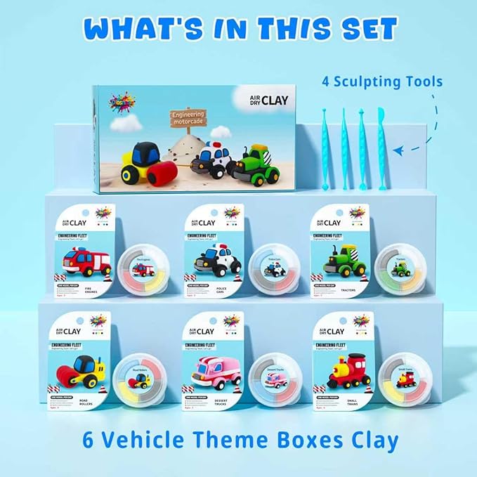 Air Dry Clay for Kids - 6 Vehicle Themed Modeling Clay Kit, Model Magic Clay with Sculpting Tools and Tutorials, Ultra Light & Soft, Non-Toxic & Safe, DIY Arts and Crafts School Projects for Kids