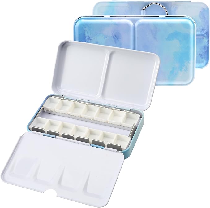 Blue Metal Watercolor Tin Palette - Empty w/ Paint Tray & 14 Half Pans - Robust & Functional - Perfect for Plein Air & Studio Painting