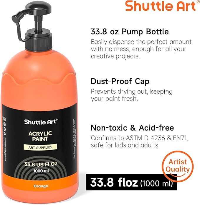 Shuttle Art 15 Colors Acrylic Paint Set, 33.8oz/1000ml Large Capacity Pump Bottles, Rich Pigments, High Coverage Paint, Fast Drying, Non-Toxic, for Canvas Wood Ceramic Rock Painting & DIY Crafts