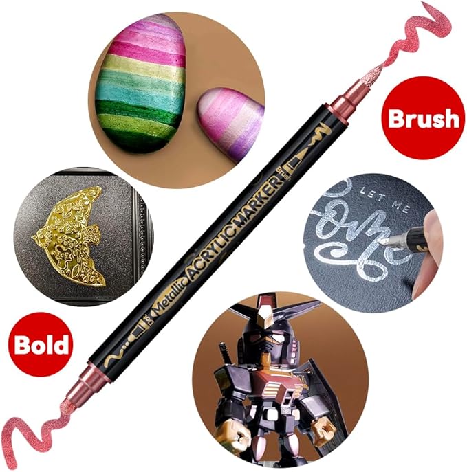 TRANSON 12Colors Metallic Paint Markers Bold and Brush Dual-tip for Rock Wood Ceramic Canvas DIY Painting Drawing