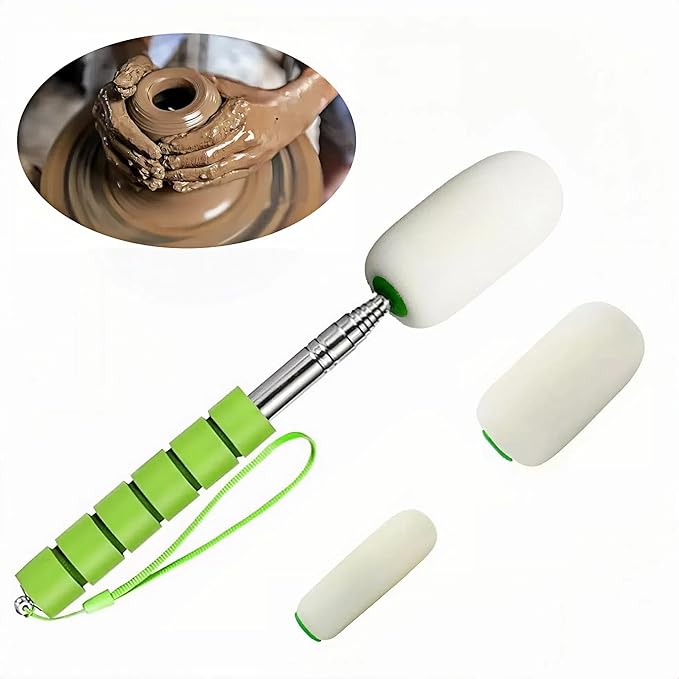 42" Sponge on a Stick for Pottery, 3 Detachable Sponge Heads, Telescoping Ceramic Tool for Removing Water & Shaping Tall/Narrow Vessels, Green Artist Pottery Tool (1 Stick)