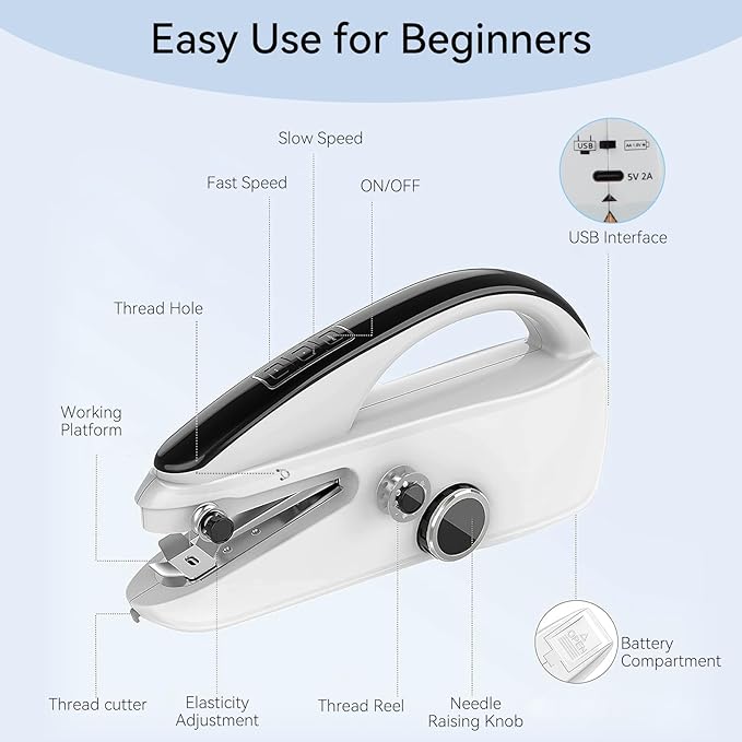 Ninonly Handheld Sewing Machine, Portable Mini Sewing Machine for Beginners Easy Use for Home Travel DIY Clothes Fabric