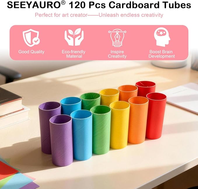 Seeyauro 120-Pack Kraft Cardboard Tubes for Crafts-1.57x3.74 Inches&1.5x3.4 Inches-Resistant Toilet Paper Rolls for DIY, School Supplies & Art Projects-Include 50 Sheets A4 Colorful Paper-Multicolor