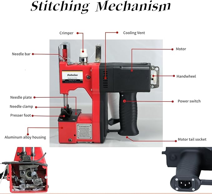 Bag Sewing Machine - 2s/bag Heavy Duty Portable Stitching Machine for Woven Bags, Non-Woven Fabrics, Leather | Warehouse & Farm Packing Tool (Red, Corded - 110V AC)