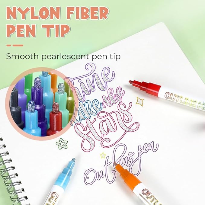 12 Pcs Outline Marker Set, 2023 New Glitter Gel Double Line Outline Pen Sparkle Markers Colorful Art Pens for Writing, Scrapbooking, Coloring and Greeting Cards, Journal Drawing (12 Pcs)