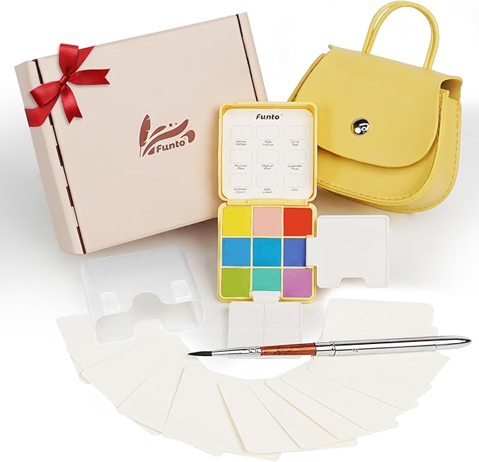 Funto Mini Watercolor Set Travel Kit with 9 Colors, Leather Bag & Watercolor Paper, Portable Drawing & Painting Supplies for Beginners, Art Gift Set