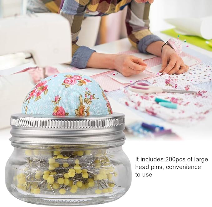 Haosie Pin Cushions for Sewing, 200PCS Sewing Pins with Glass Bottle and Pin Cushion Lid, Ball Head Straight Pins Quilting Pin Cushion Kit