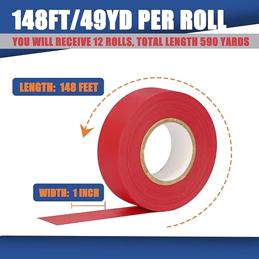 12 Pack Red Flagging Tape, Non Adhesive Surveyors Tape, Neon Tree Marking Ribbon, Great Visual Labeling & Tagging for Home & Workplace Use, 1 in. x 150 ft