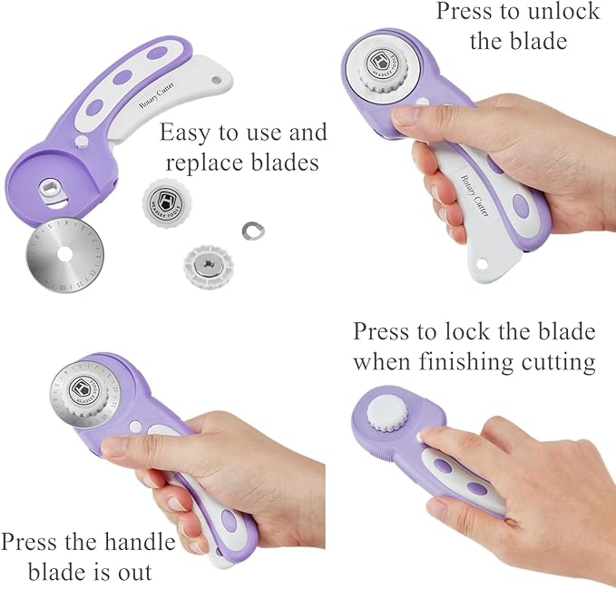 Rotary Cutter Set Purple - Quilting Kit incl. 45mm Fabric Cutter, 5 Replacement Blades, A2 Cutting Mat, Acrylic Quilting Ruler, Sewing Clips, Craft Knife Set, Ideal for Crafting, Sewing, Patchworking