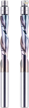 SpeTool 2PCS Downcut Spiral Flush Trim Router bit 1/4" Shank 1-1/8" Cutting Length with Extra Long Life TAC Coated, Solid Carbide Flush Trim Bits Bottom Bearing for Woodworking Trimming