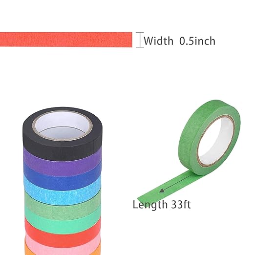 Colored Masking Tape - 12 Colors Painters Tape Decorative Paper for Labeling, Drafting, Scrapbooking (12mm x10m)