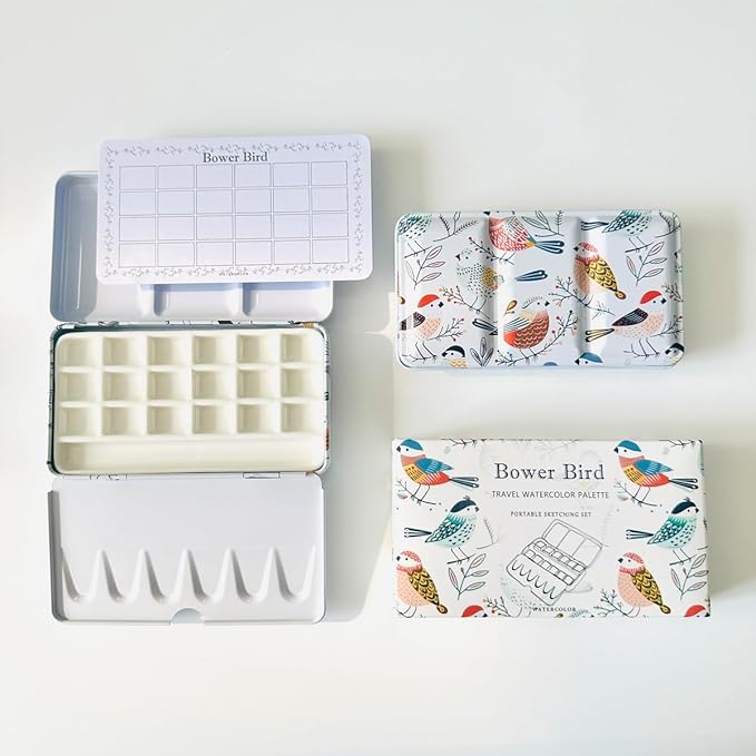 Bower Bird Travel Watercolor Palette,Portable Ceramic Palette,Empty Paint Palette,Small Travel Metal Paint Boxwith Porcelain Palette (18Well)