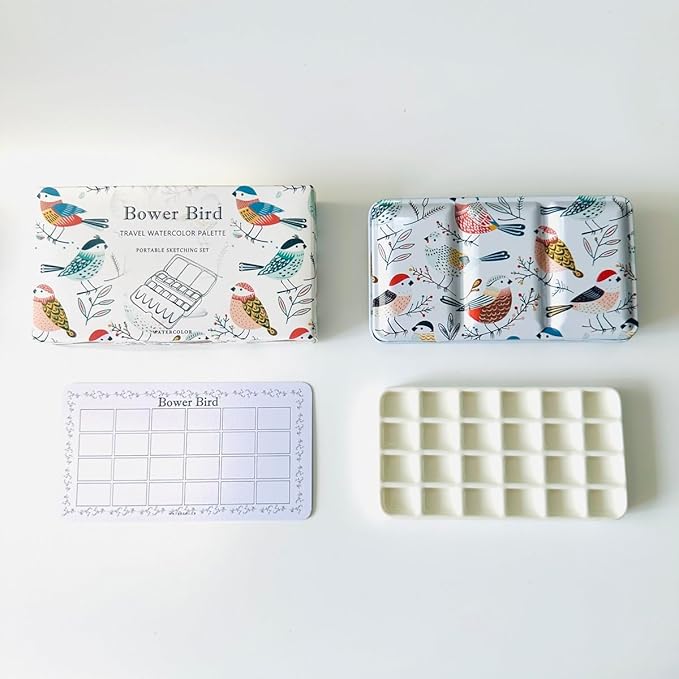 Bower Bird Travel Watercolor Palette,Portable Ceramic Palette,Empty Paint Palette,Small Travel Metal Paint Boxwith Porcelain Palette (24Well)